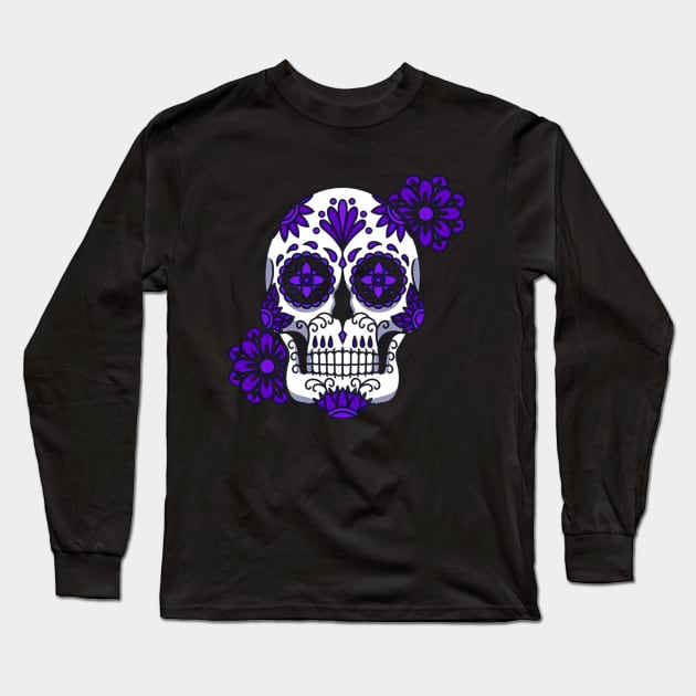 Purple Floral Sugar Skull Flowers Long Sleeve T-Shirt by eraillustrationart